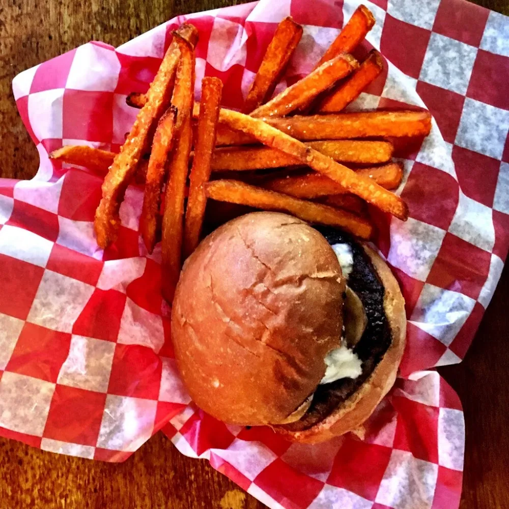 Mushroom Swiss Burger with Sweet Potato Fries